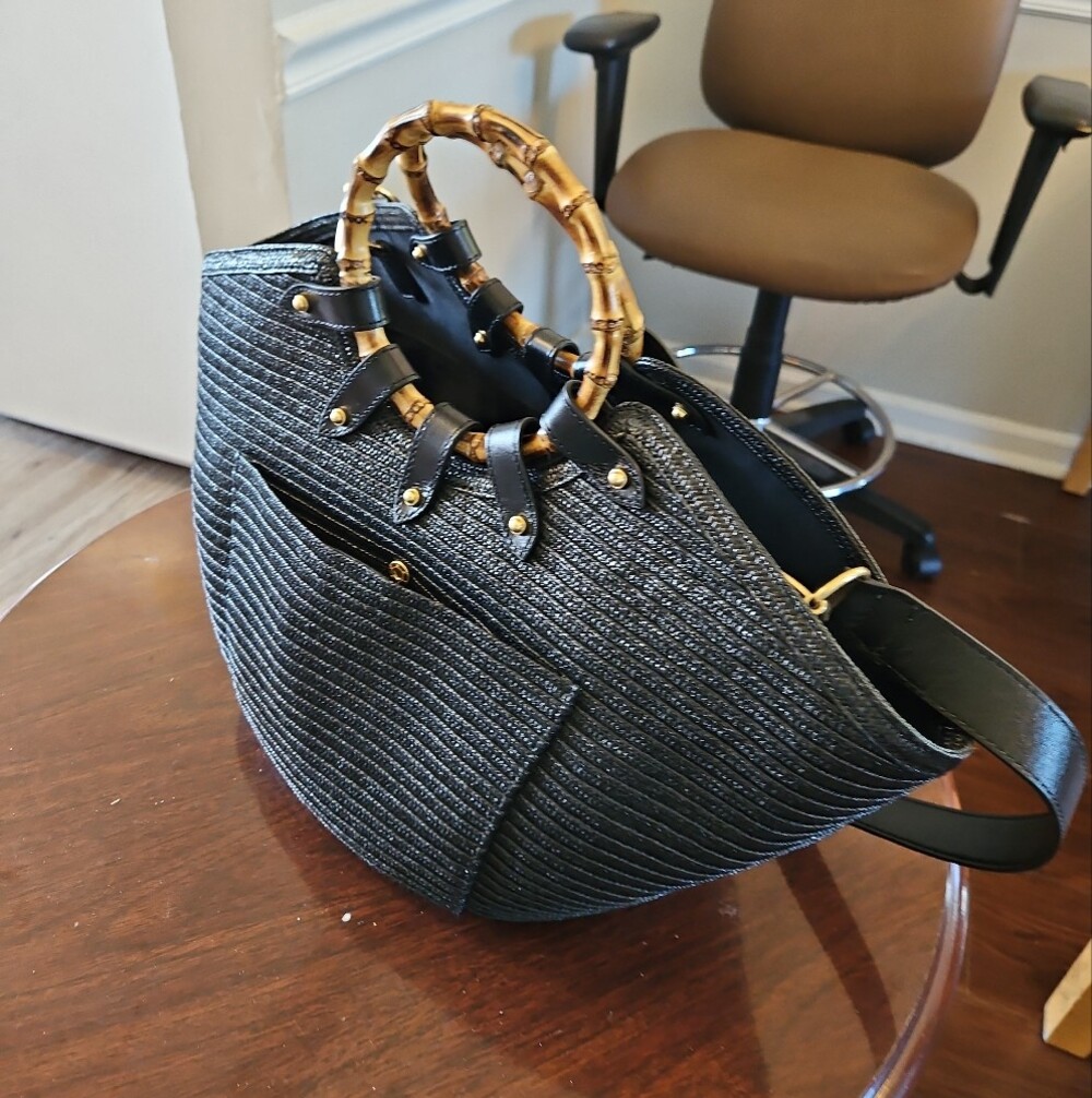 Eric Javits Black Woven Tote with Bamboo Ring Handles - Picture 7 of 12
